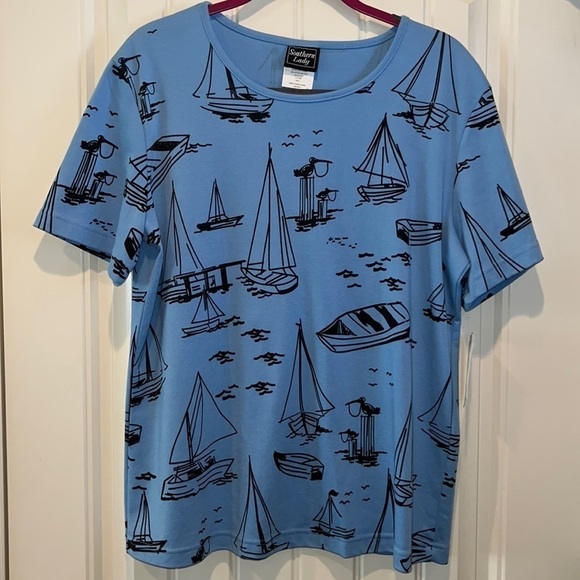 NAUTICAL preppy boat coastal sailboat beach short sleeve blue top NWT Large - Picture 1 of 6